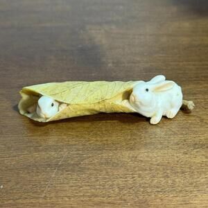 Miniature Bunny Rabbits Figurine Peek-a-boo Leaf Peepers 4" L x .75" H